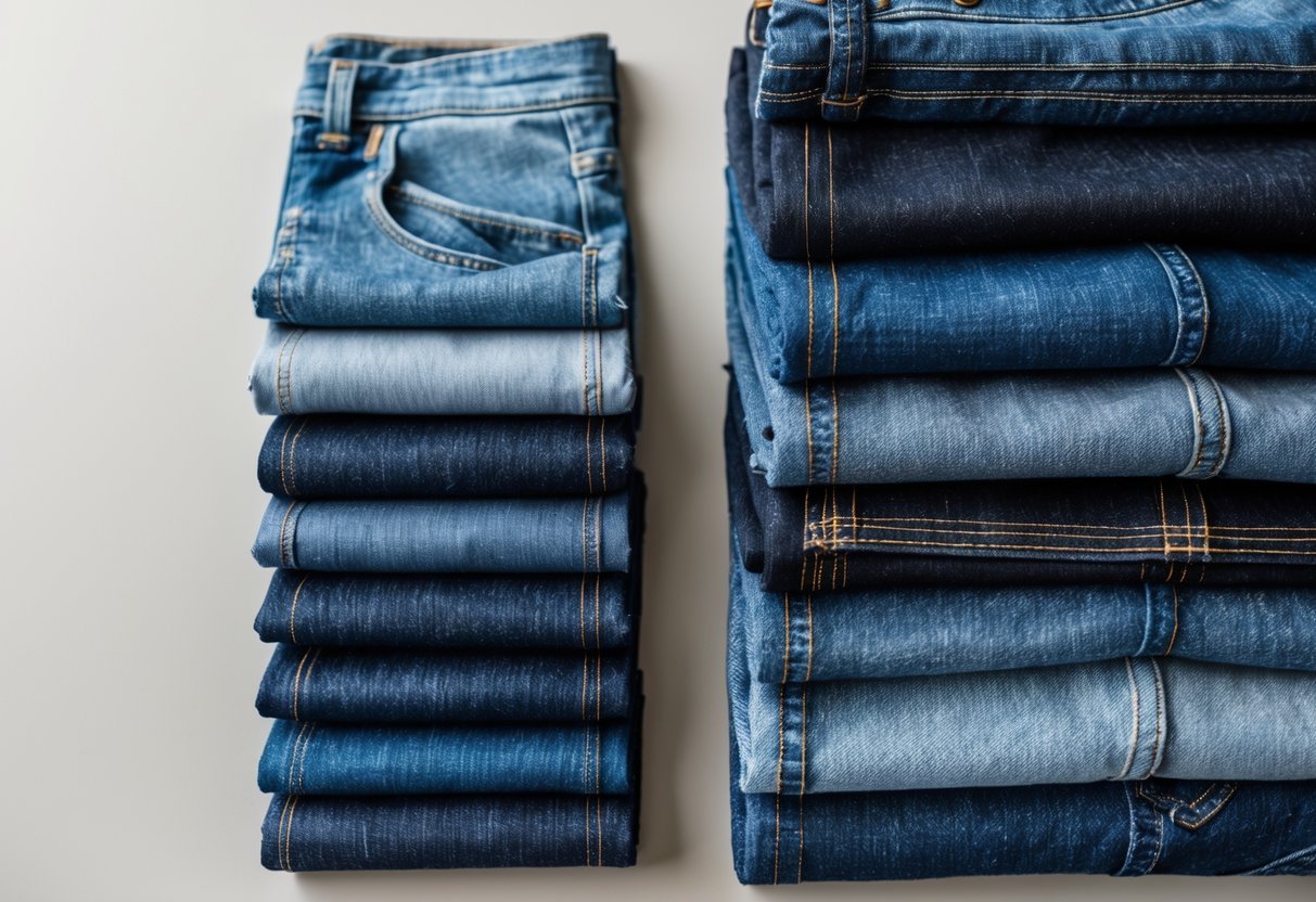 A display of fourteen different types of denim fabrics and jeans materials arranged neatly on a neutral background.
