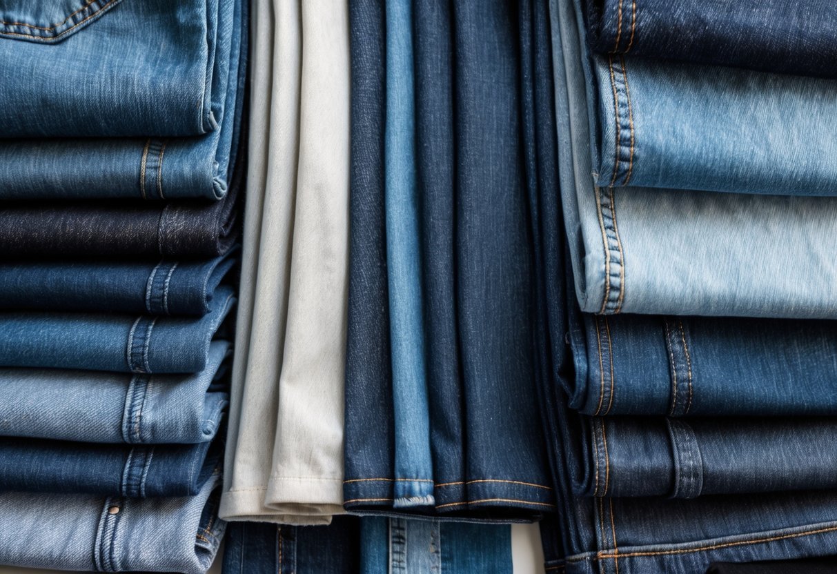 A flat lay of 14 different types of selvedge denim fabrics and folded jeans pieces arranged neatly on a neutral background.