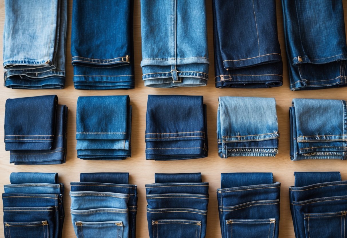 Flat lay of fourteen different raw denim fabric swatches arranged on a wooden surface.