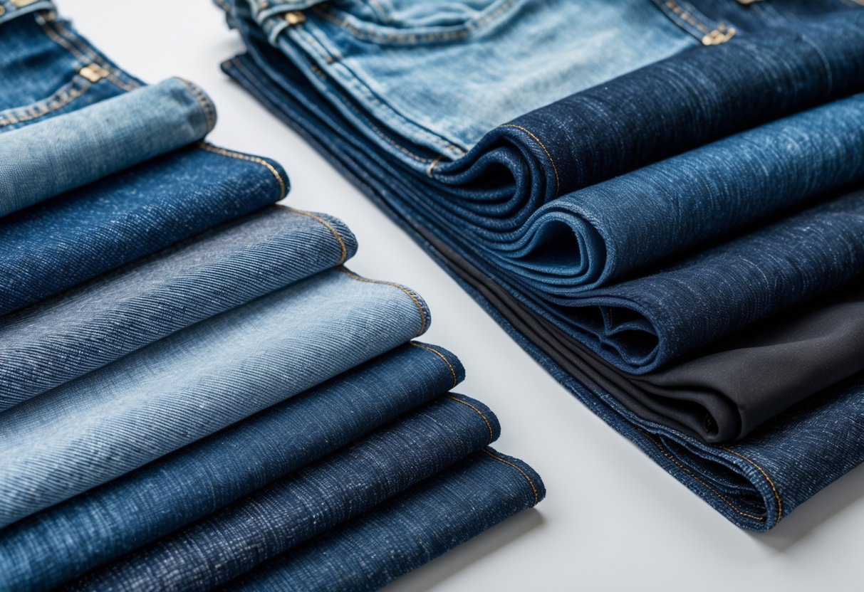 A collection of 14 different stretch denim fabric swatches in various shades of blue and black arranged neatly on a neutral background.