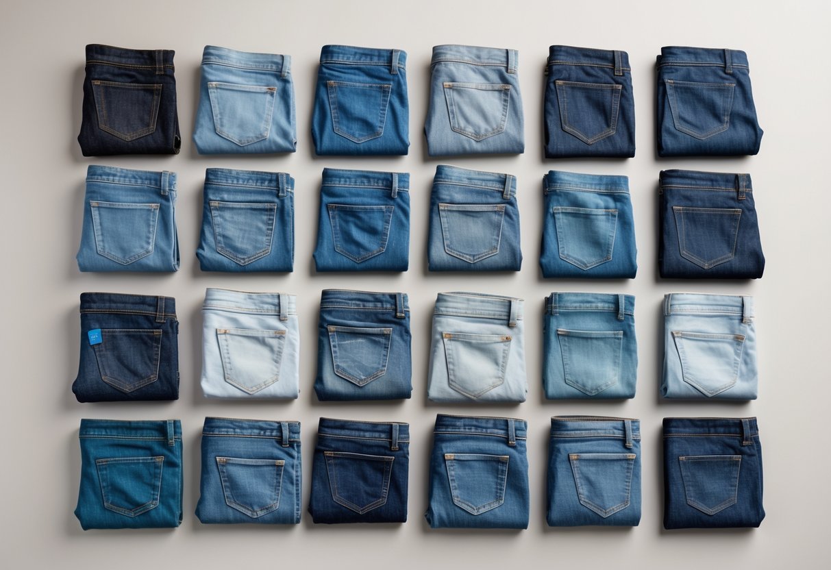 A flat lay of 14 different washed denim fabric swatches arranged neatly in a grid on a light background.