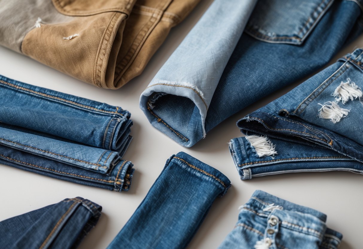 Close-up view of fourteen different sandblasted denim fabric samples arranged neatly on a plain background.