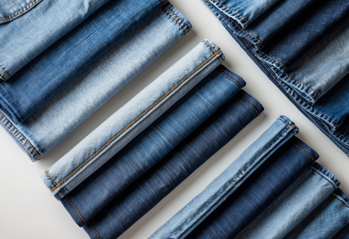 A flat lay of 14 different denim fabric swatches arranged neatly on a neutral background, showing various shades and textures of denim material.