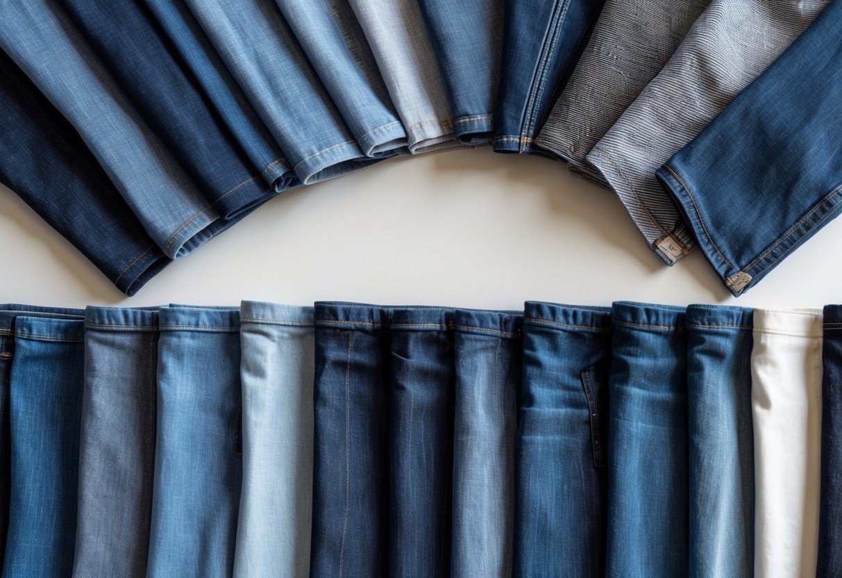 A flat lay of fourteen different organic cotton denim fabric swatches arranged neatly on a neutral background.
