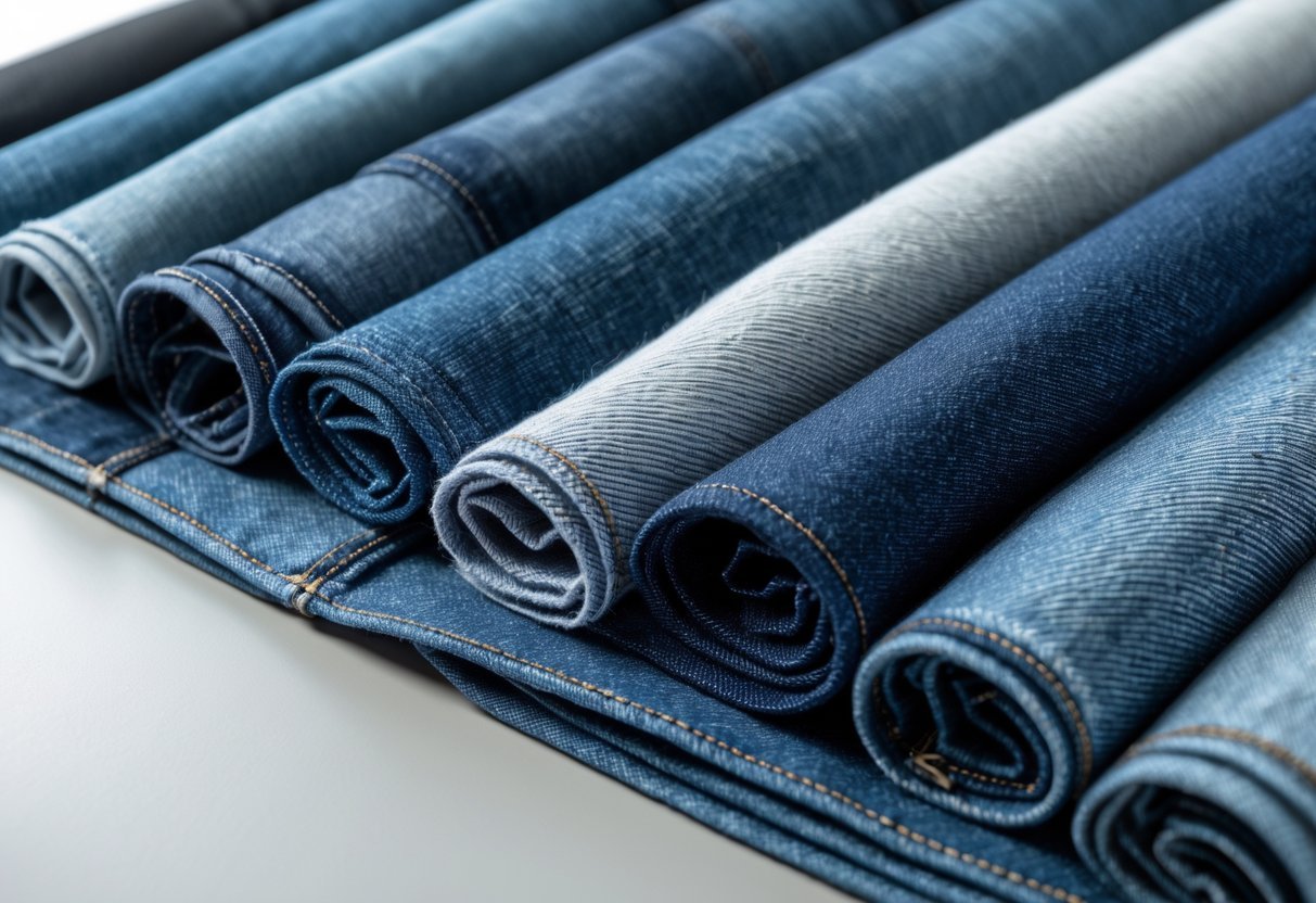 Close-up view of fourteen different polyester-cotton blend denim fabric samples arranged neatly to show various textures and shades of blue.