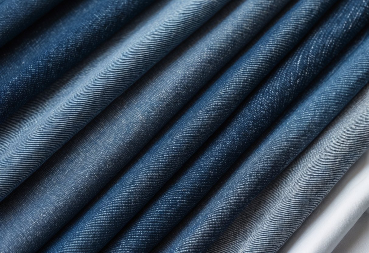 A close-up view of fourteen different denim fabric swatches arranged side by side on a neutral background, showing various shades and textures of twill denim.