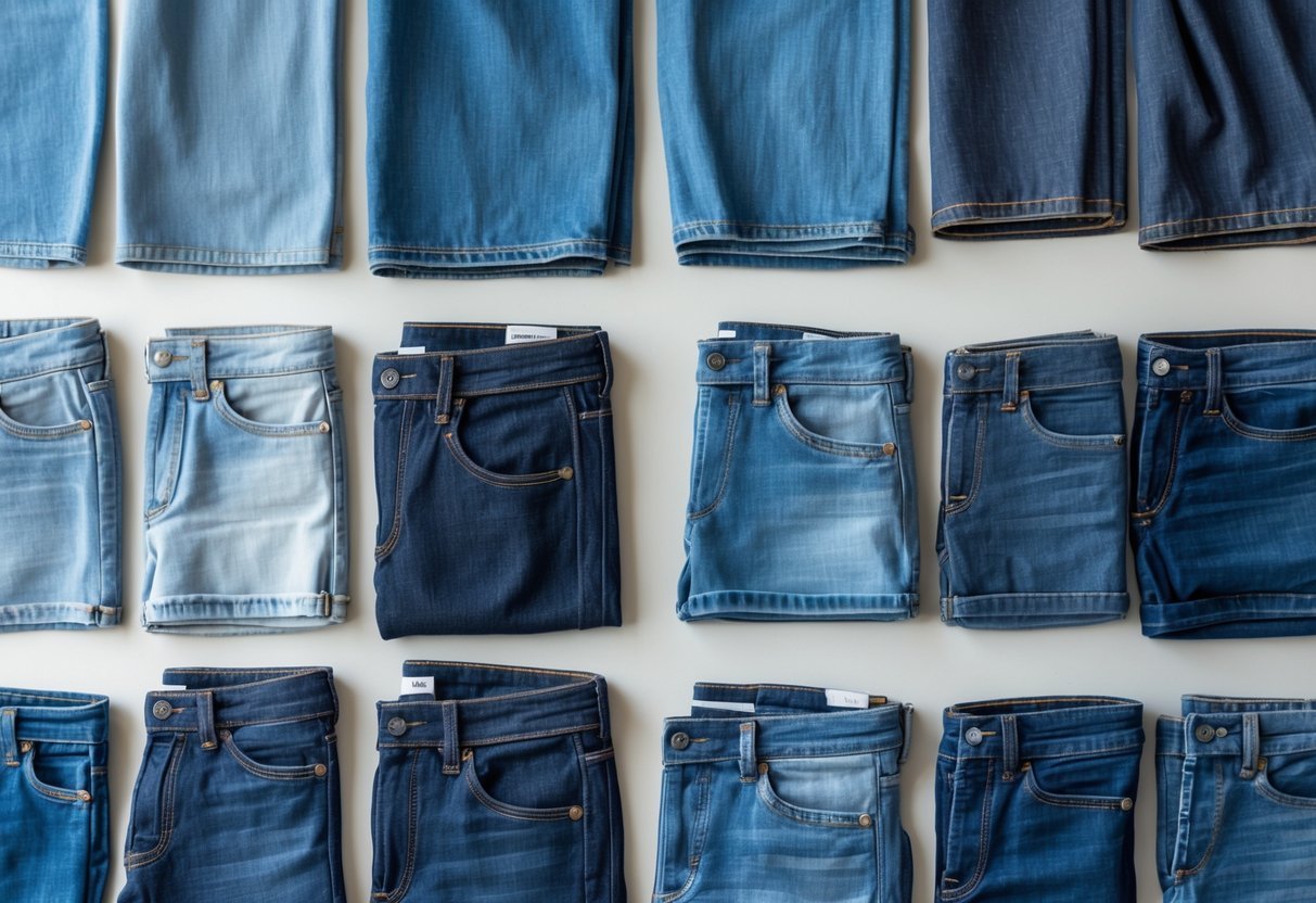 Flat lay of fourteen different lightweight denim fabric swatches and jeans pieces arranged on a neutral background, showing various shades and textures of denim.
