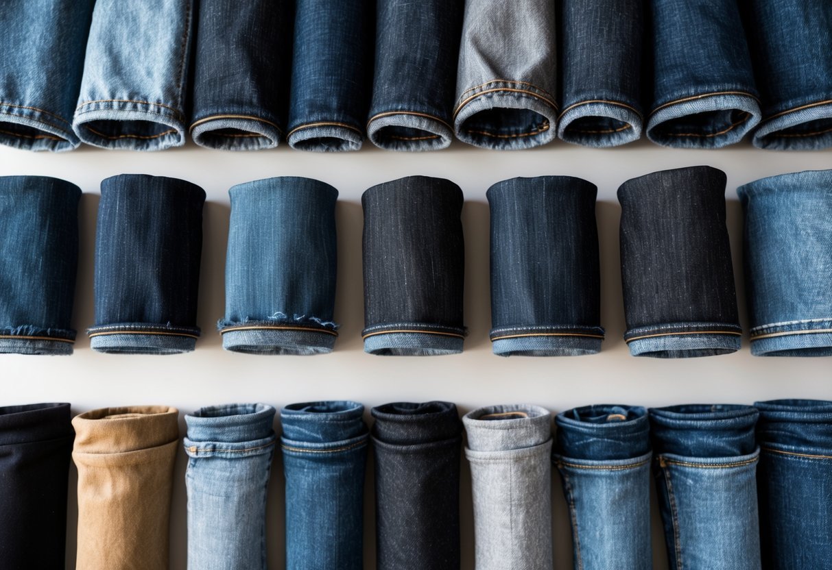 A flat lay of fourteen different heavyweight denim fabric samples arranged in a grid on a neutral background.