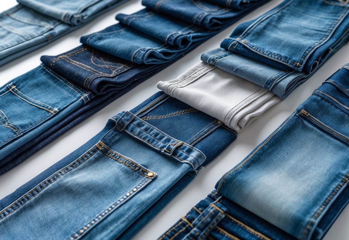 A collection of 14 different indigo dyed denim fabric samples and jeans pieces arranged neatly on a plain background.