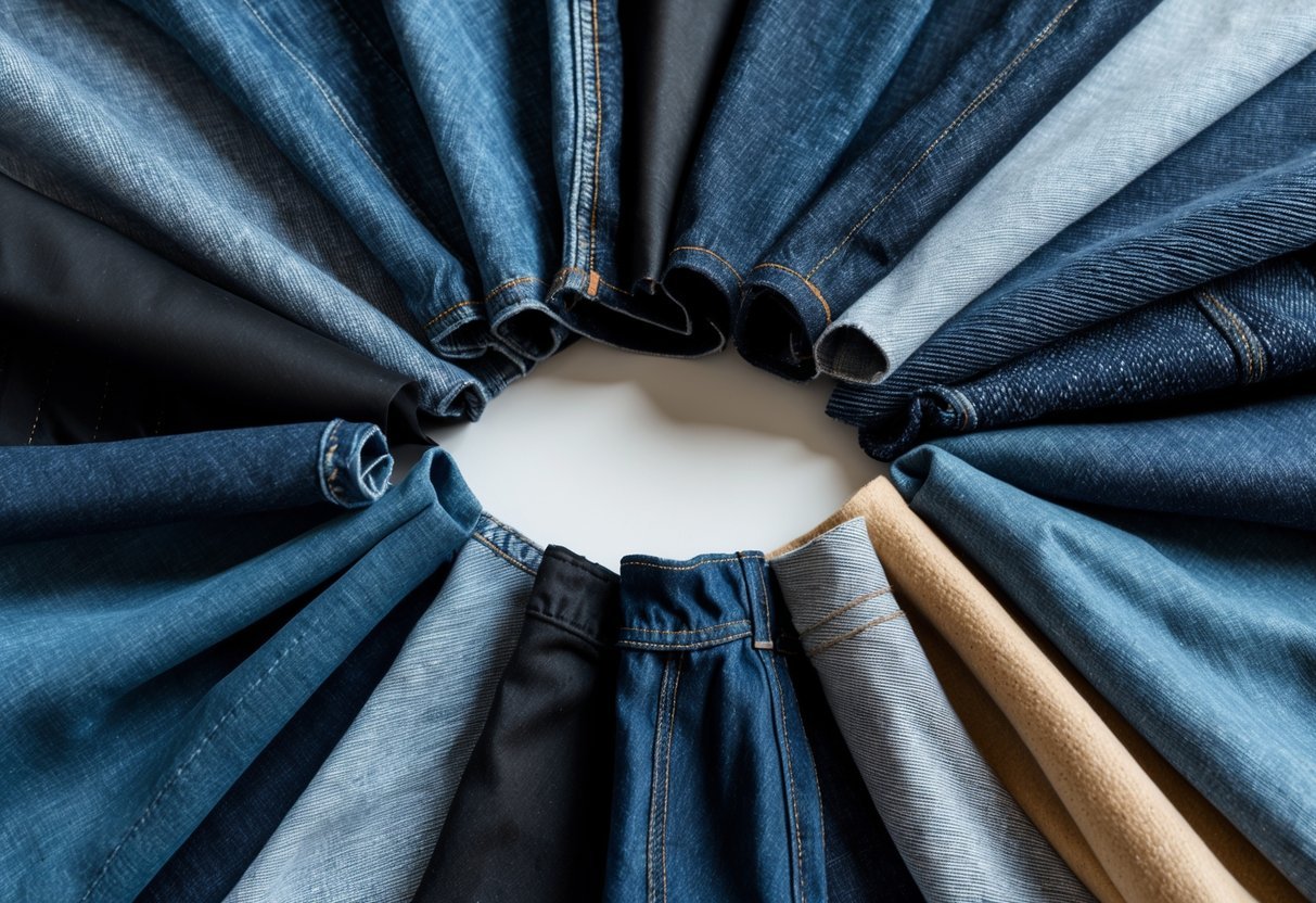 Flat lay of fourteen different denim fabric swatches arranged on a neutral background.