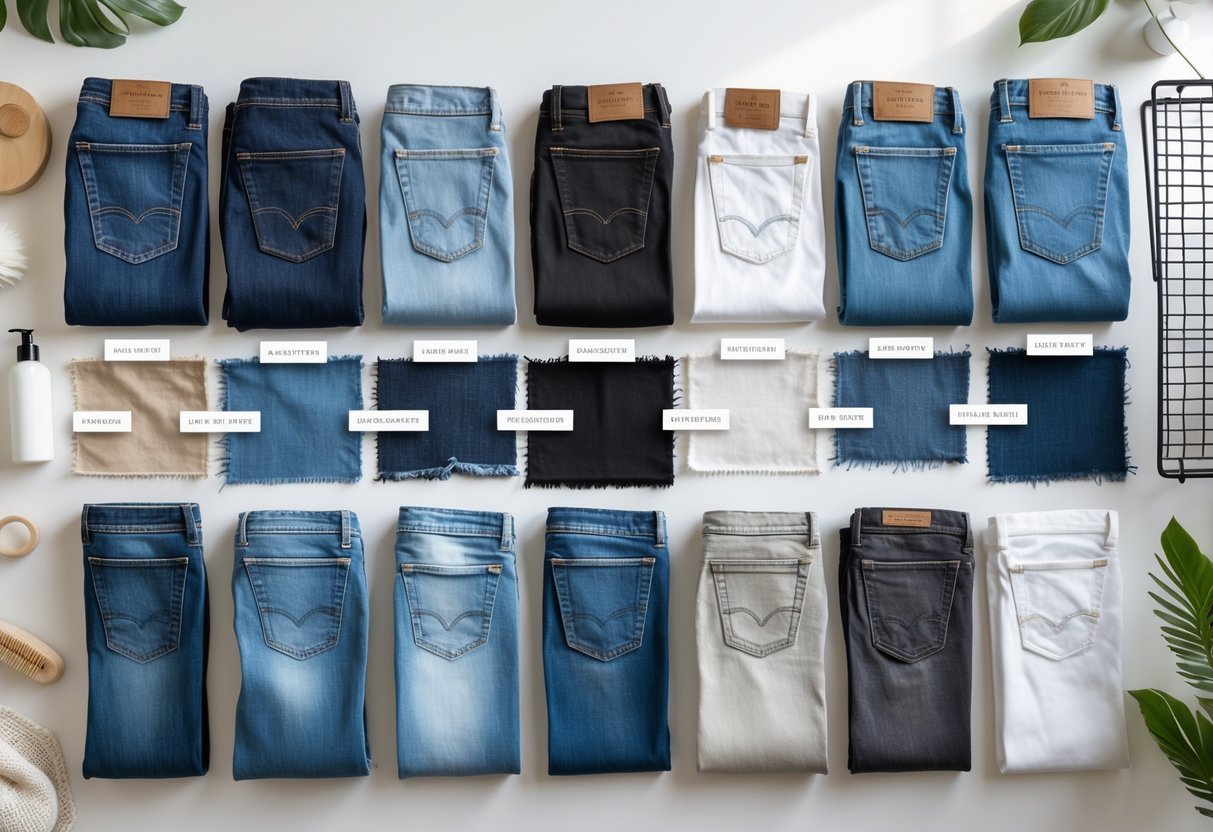 Flat lay of fourteen different jeans fabric swatches arranged neatly with laundry care items around them on a clean surface.
