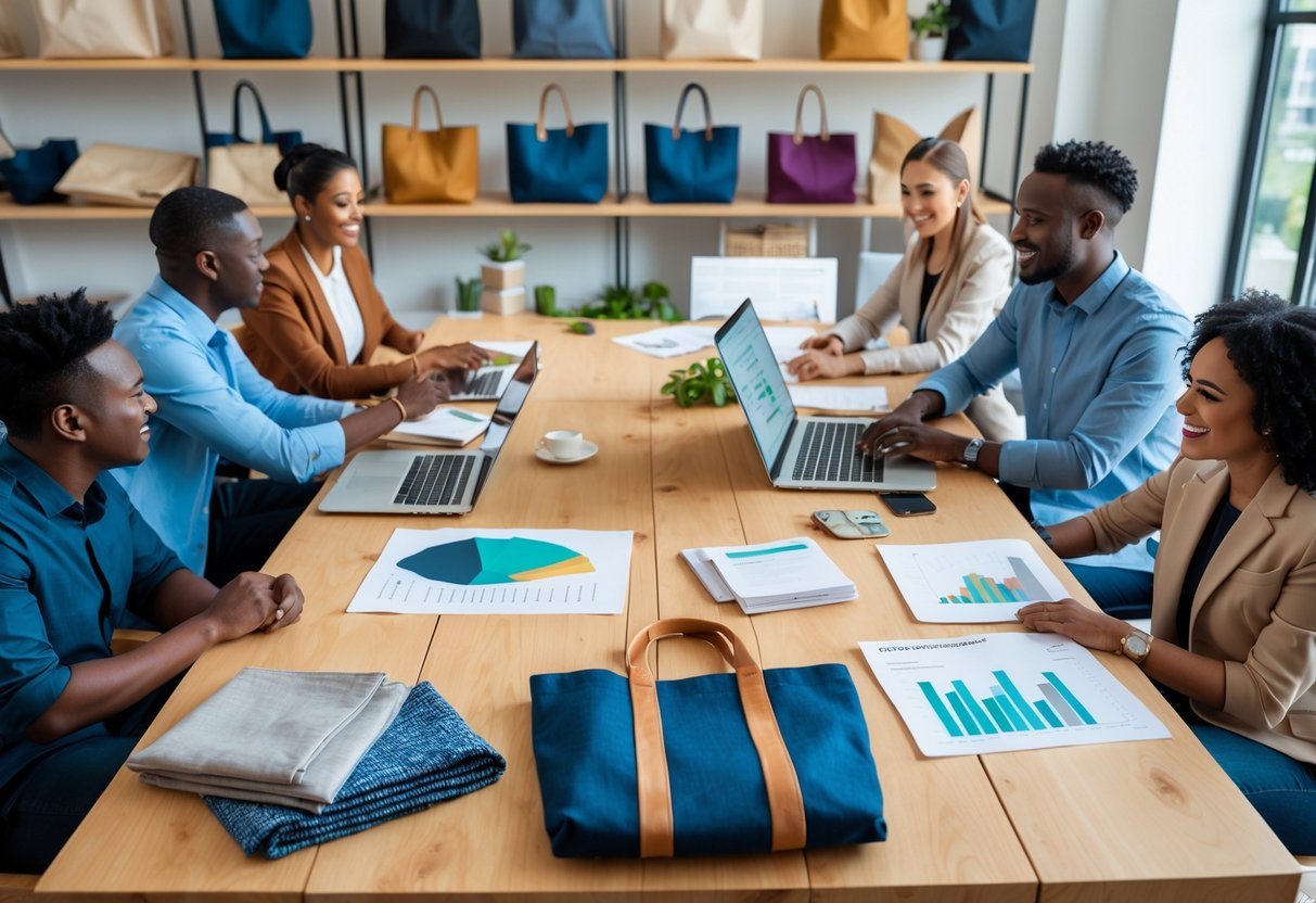 A group of people working together at a table with tote bags, sketches, and a laptop in a bright modern workspace.