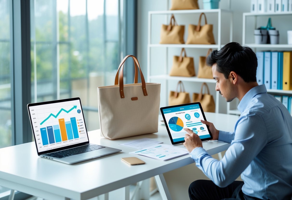A person working at a desk with a laptop, tote bag prototype, and notes, analyzing market data for a tote bag business.