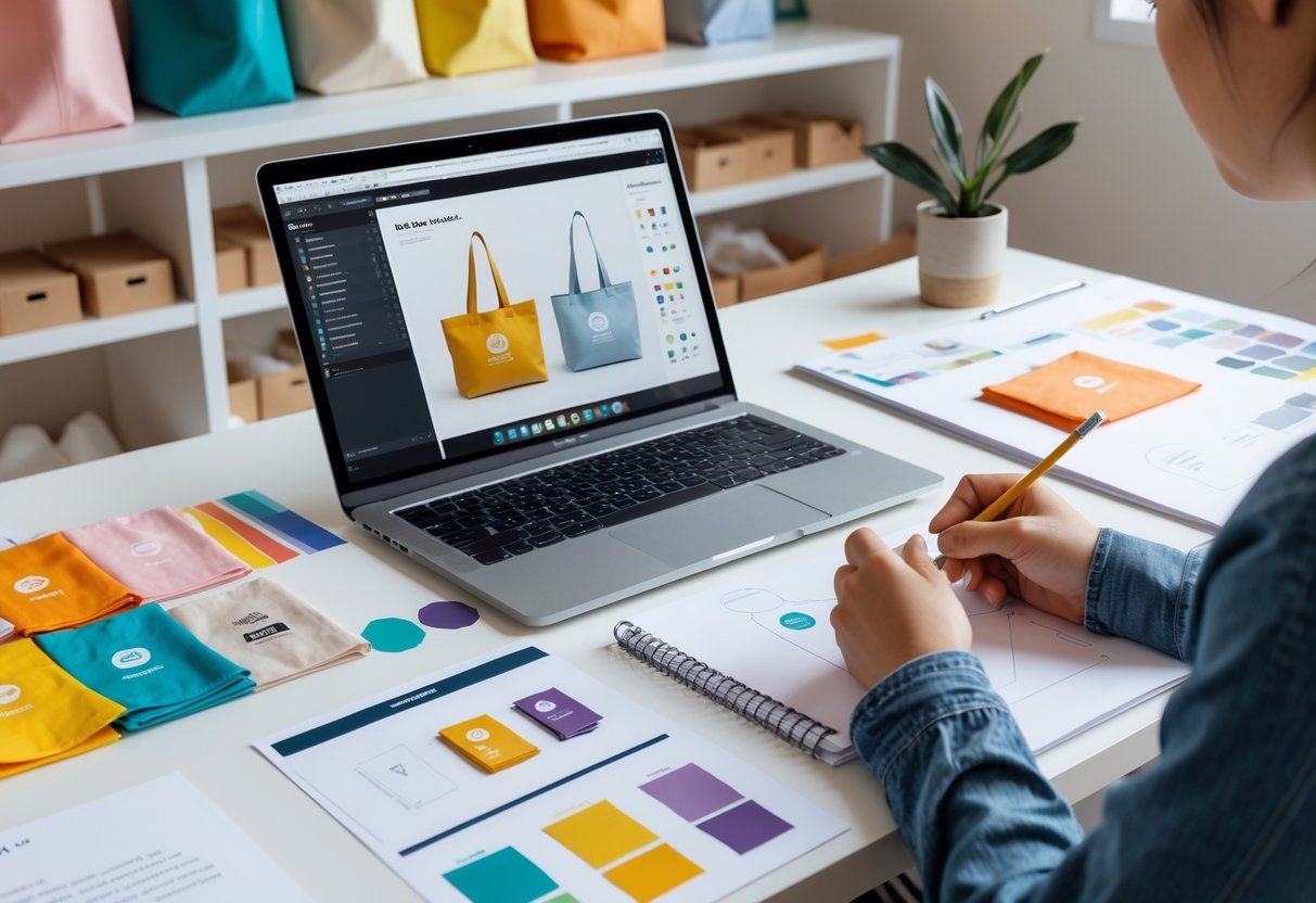 A workspace with a laptop, sketches, fabric swatches, and tote bags, showing someone designing and planning a tote bag business.