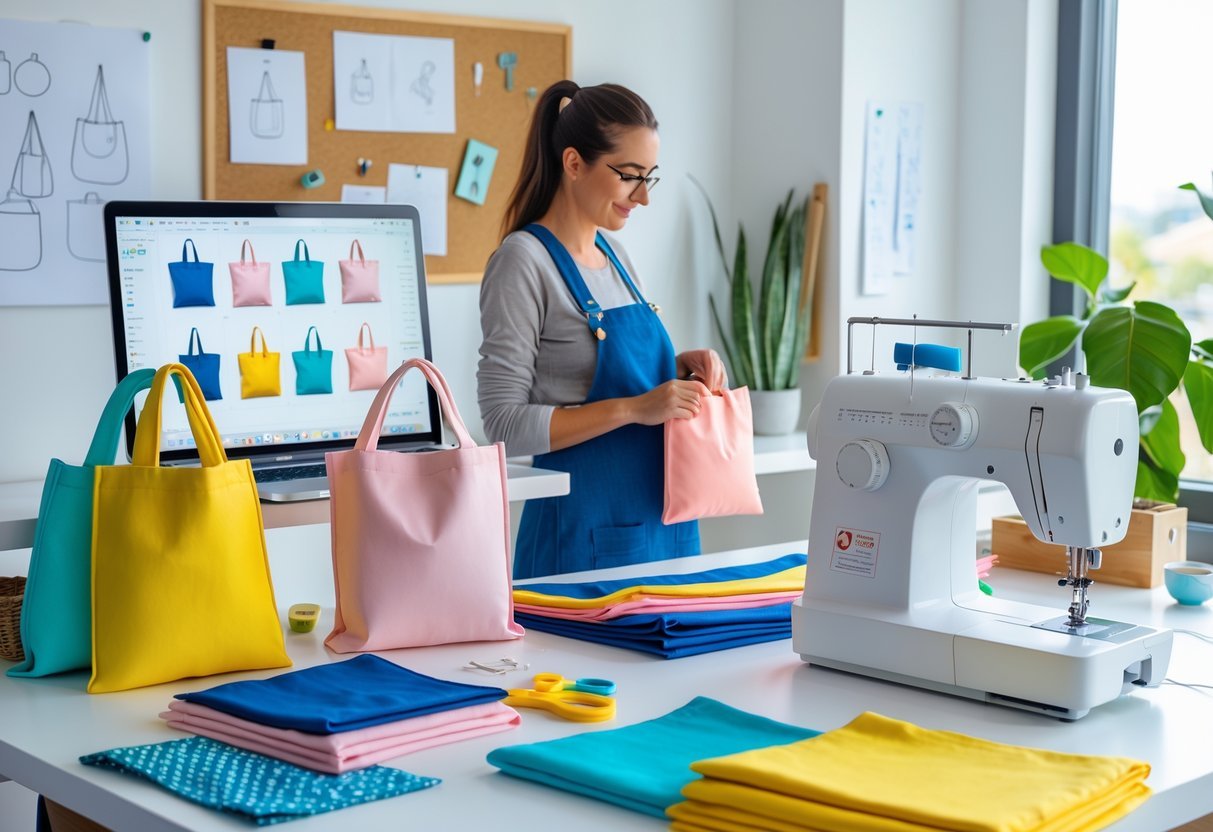 A person sewing a tote bag at a desk with design sketches, fabric swatches, and a laptop showing tote bag designs.