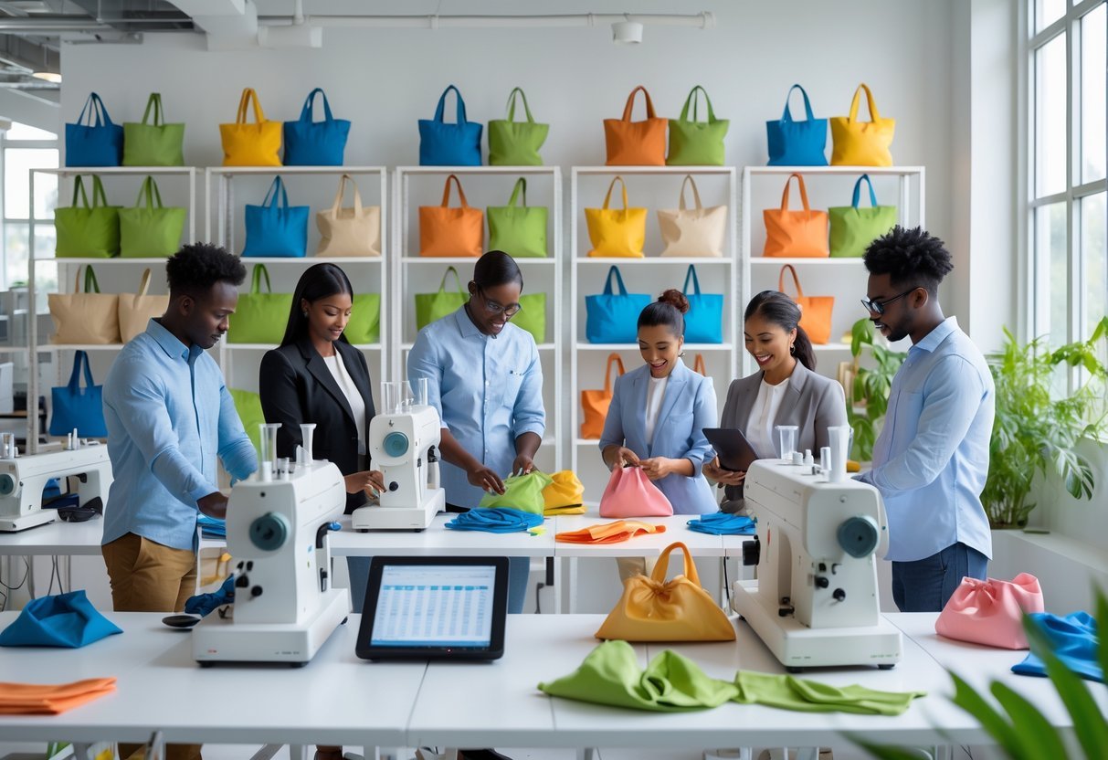 A team working in a modern workshop producing and inspecting colorful tote bags.