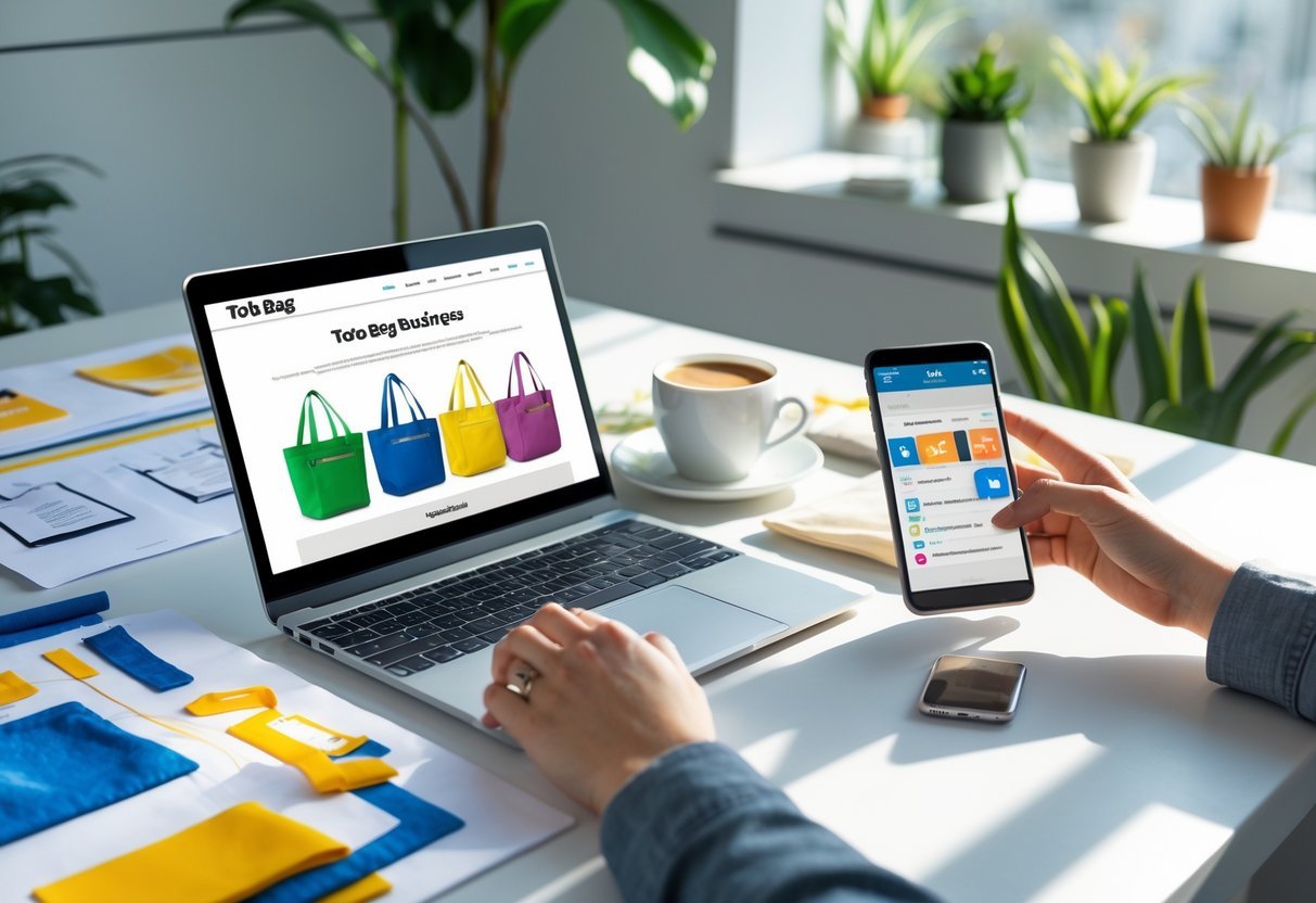 A workspace with a laptop showing an online store for tote bags, design sketches, fabric samples, and a smartphone, with natural light and a cup of coffee nearby.