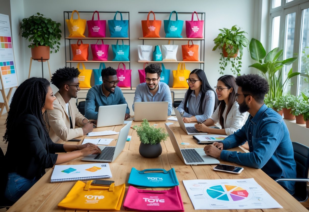 A group of people working together at a table with tote bags, laptops, and design materials in a bright room.