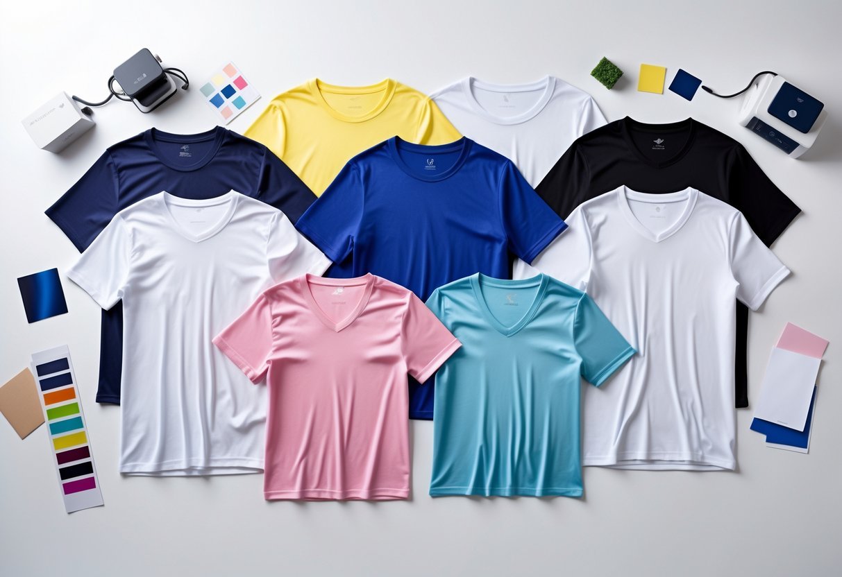 Six different shirts arranged flat on a white surface with sublimation printing tools nearby.