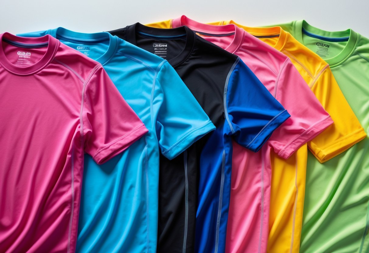 Six colorful Gildan Performance T-shirts neatly arranged on a white background.