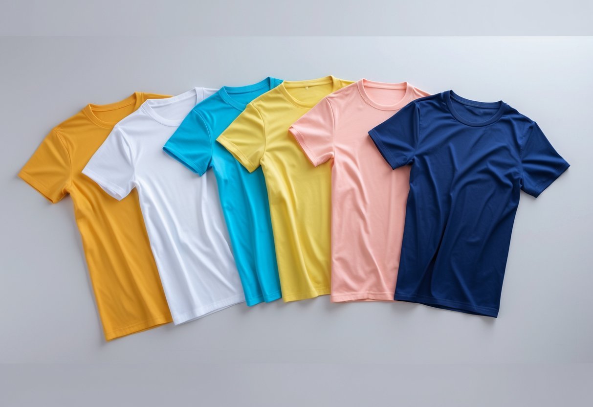 Six blank t-shirts in different colors neatly arranged on a plain background.