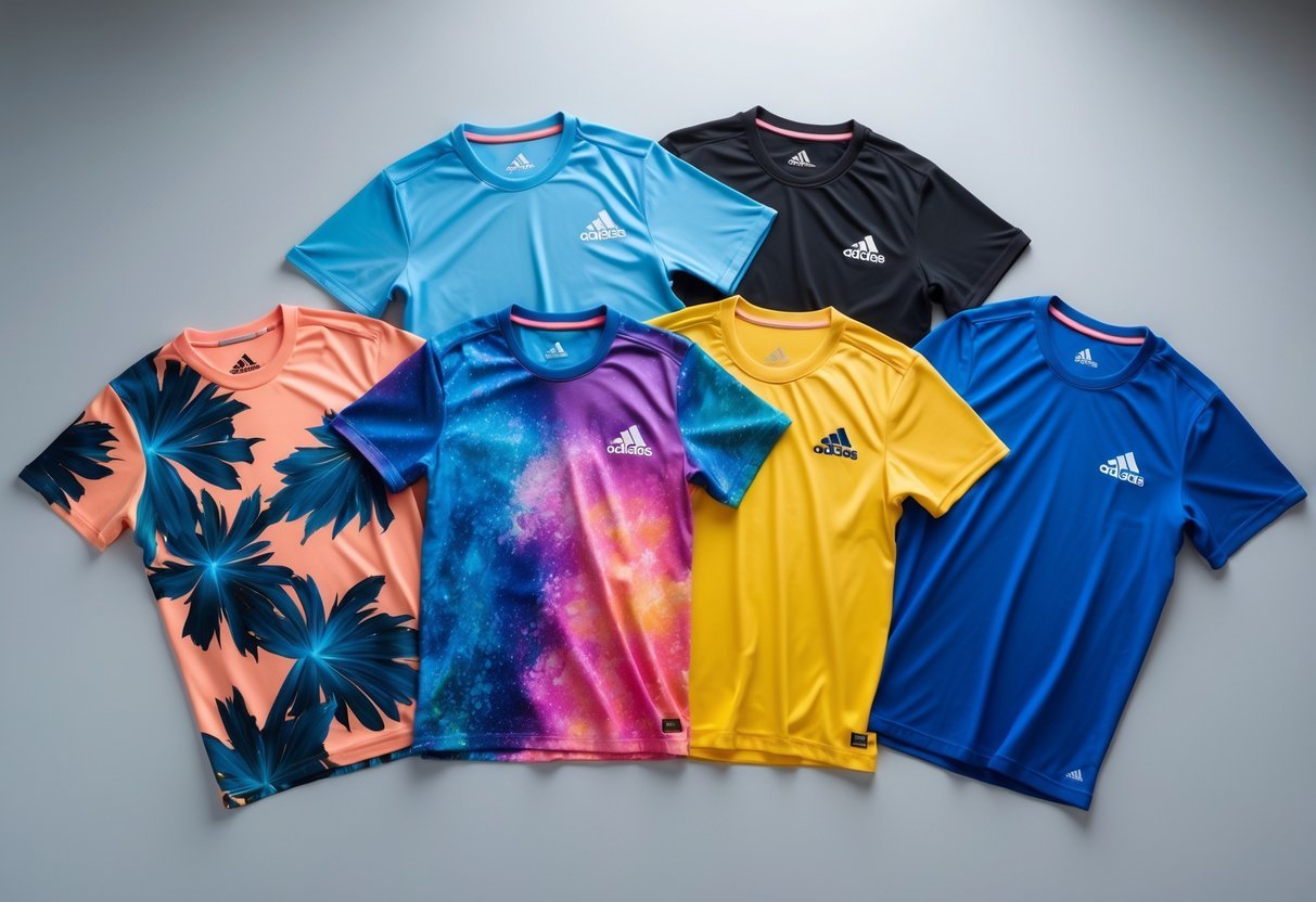 Six Adidas Primeblue tee shirts arranged flat on a neutral background, displaying colorful printed designs.