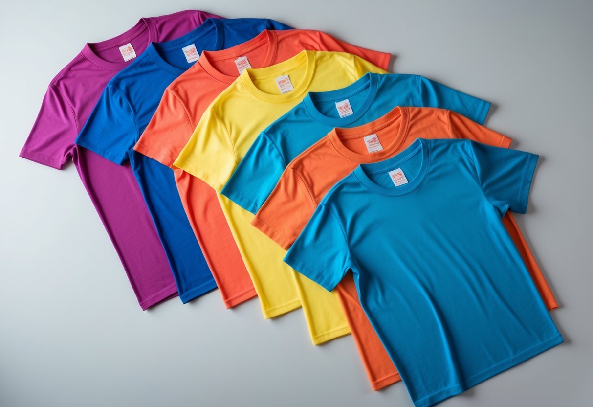Six colorful Hanes Nano-T shirts laid flat on a neutral background, displayed for sublimation printing.
