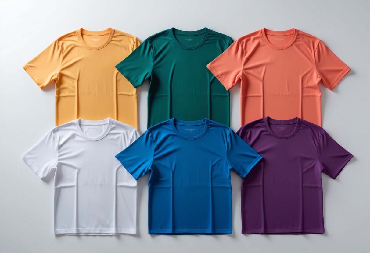 Six colorful poly-cotton t-shirt tops arranged neatly on a white background.