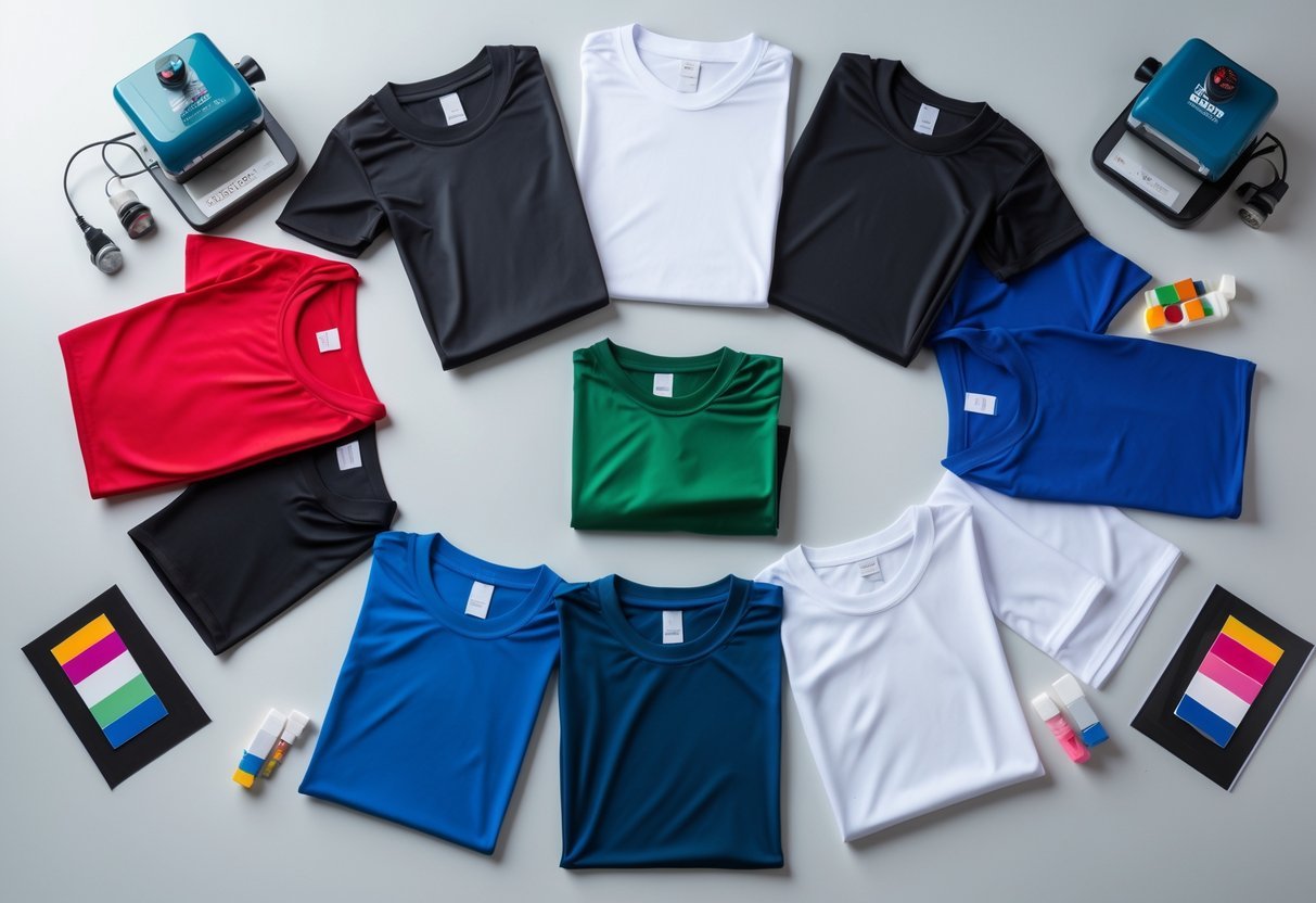 A flat lay of six blank colorful shirts arranged with sublimation printing tools on a clean surface.