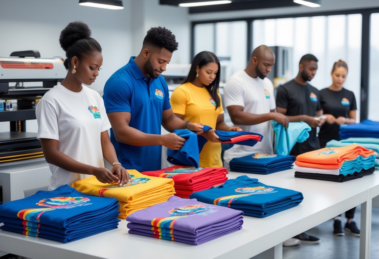 People carefully handling and organizing colorful sublimated shirts in a bright studio with printing equipment in the background.