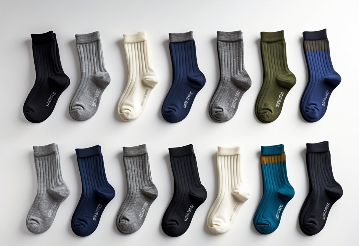 Fourteen different types of socks in various heights and materials arranged neatly on a white background.