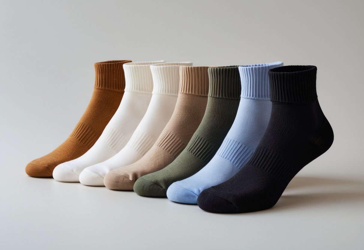 Several pairs of ankle socks in different colors and materials arranged on a plain background.