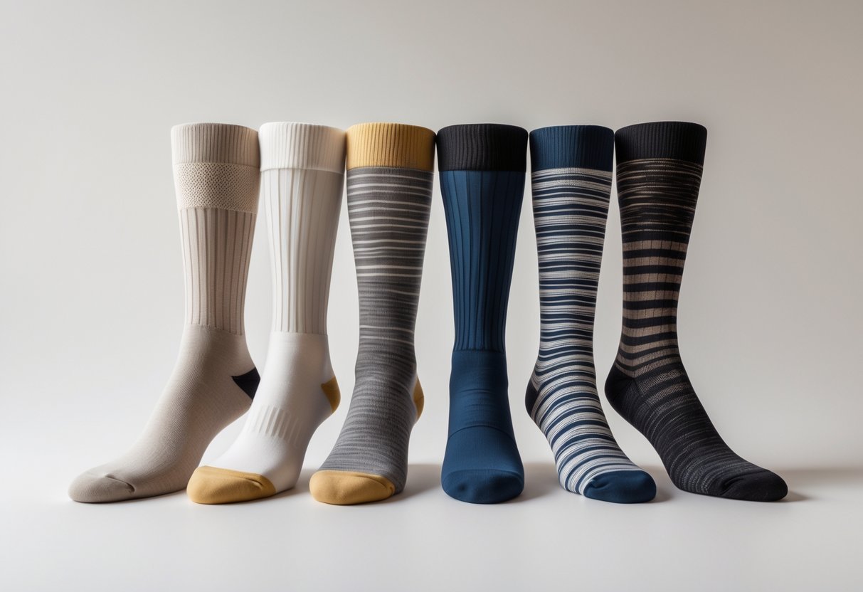 A collection of knee-high socks in various colors and materials arranged side by side on a plain background.