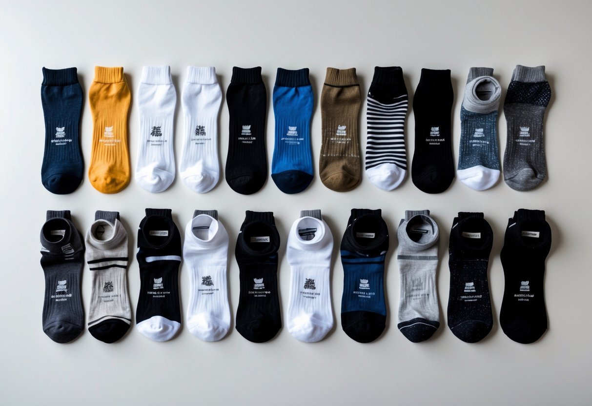 An assortment of fourteen different types of socks in various heights and materials arranged neatly on a neutral background.