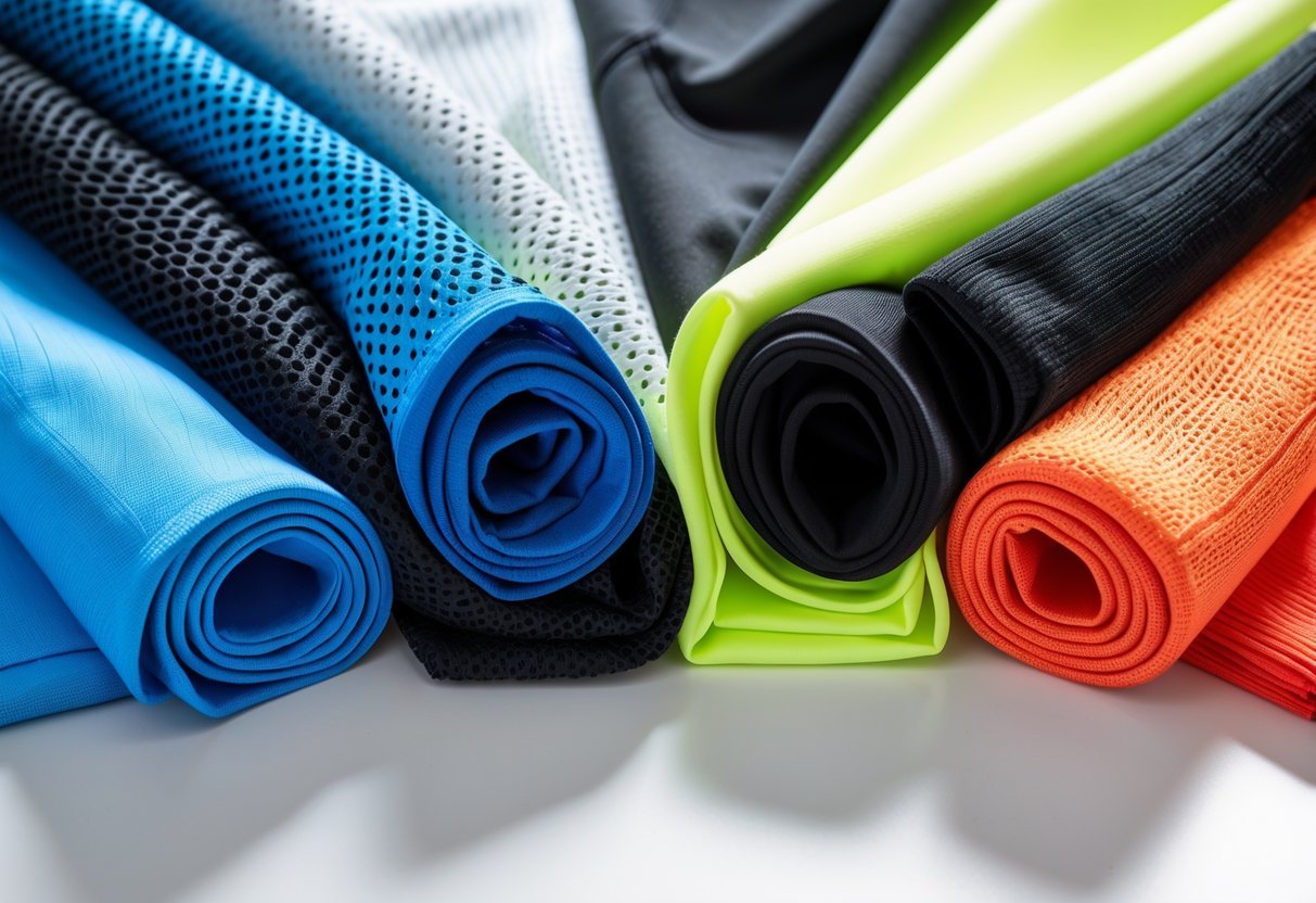 Close-up view of various colorful sports fabrics showing different textures and materials arranged on a white surface.