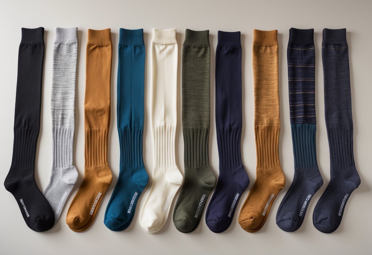 Several pairs of over-the-calf socks in different colors and materials displayed on a plain background.