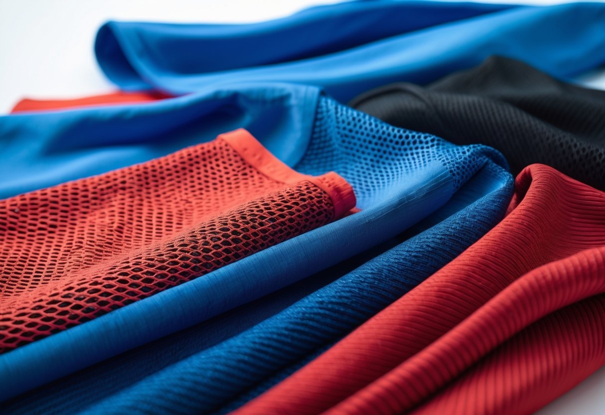 Close-up view of different types of polyester sports fabrics in various colors arranged on a white surface.