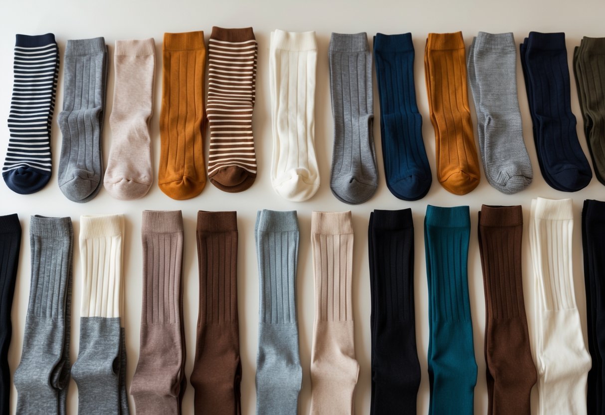 A collection of different thigh-high socks in various colors and materials displayed on a plain background.