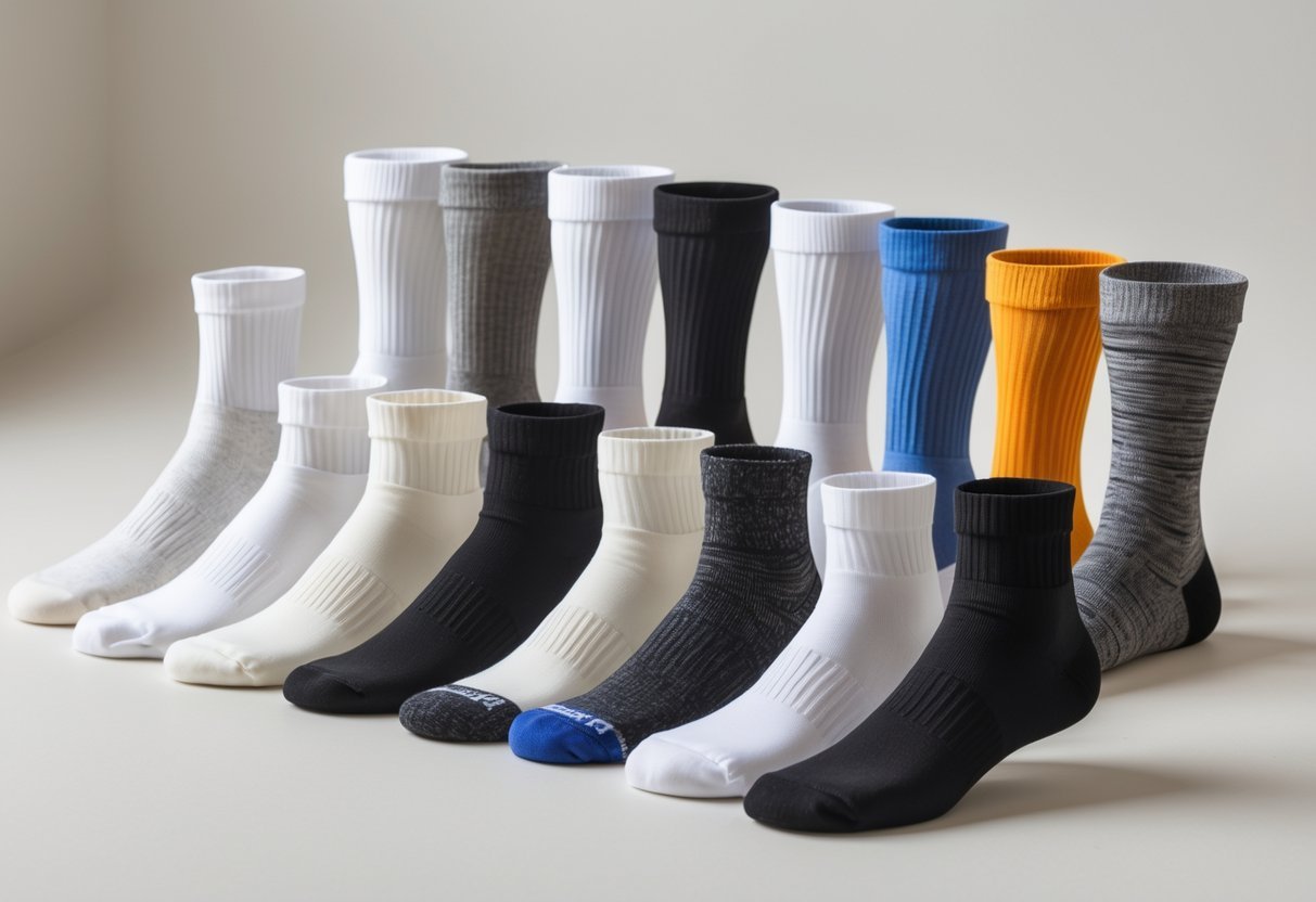 A collection of fourteen different types of socks arranged on a plain surface, showing various heights and materials.
