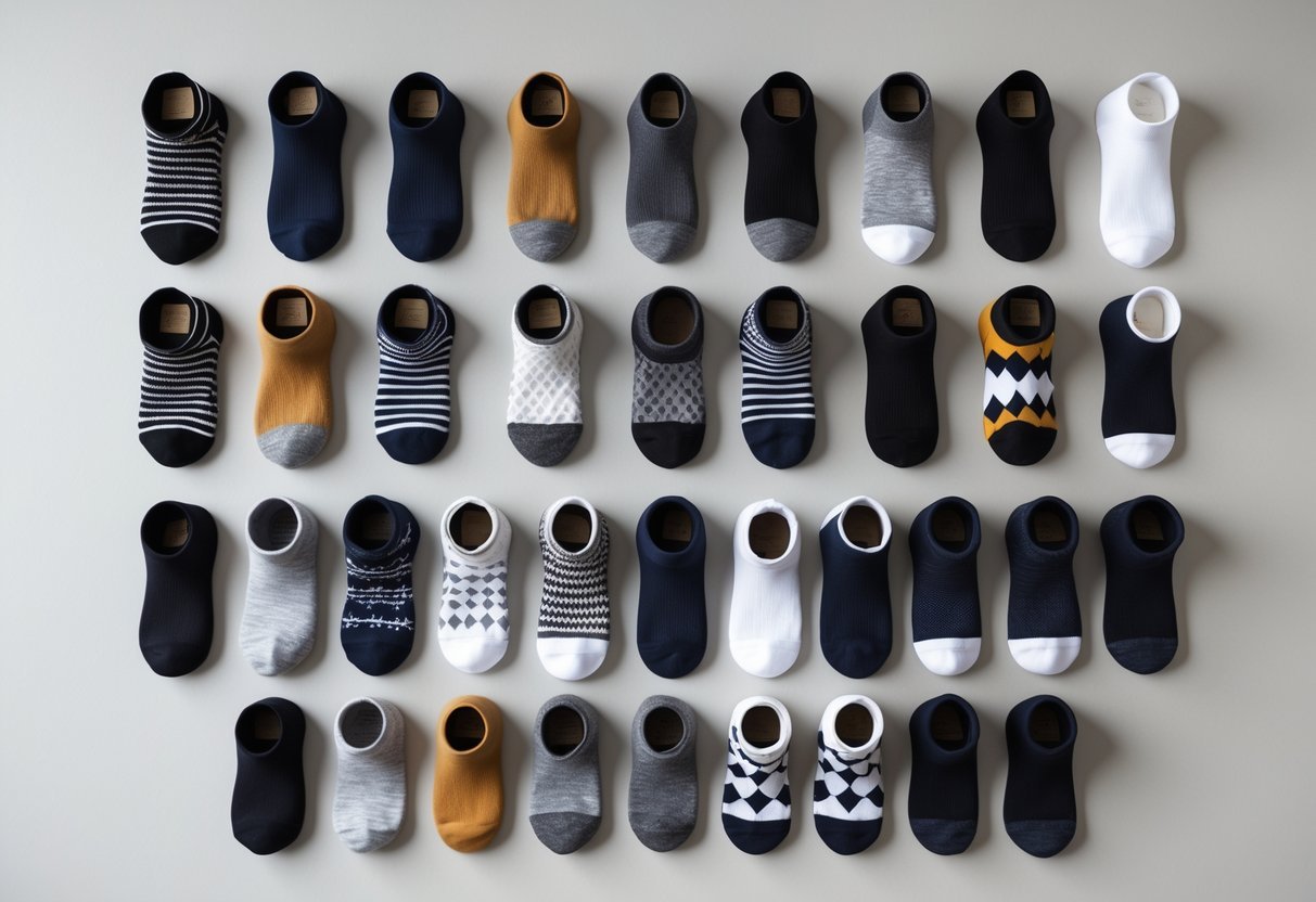 An assortment of 14 different types of dress socks arranged neatly, showing various heights and materials on a plain background.