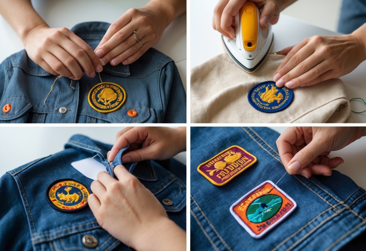 Four close-up images showing different ways to attach embroidered patches to clothing using sewing, ironing, fabric glue, and adhesive backing.