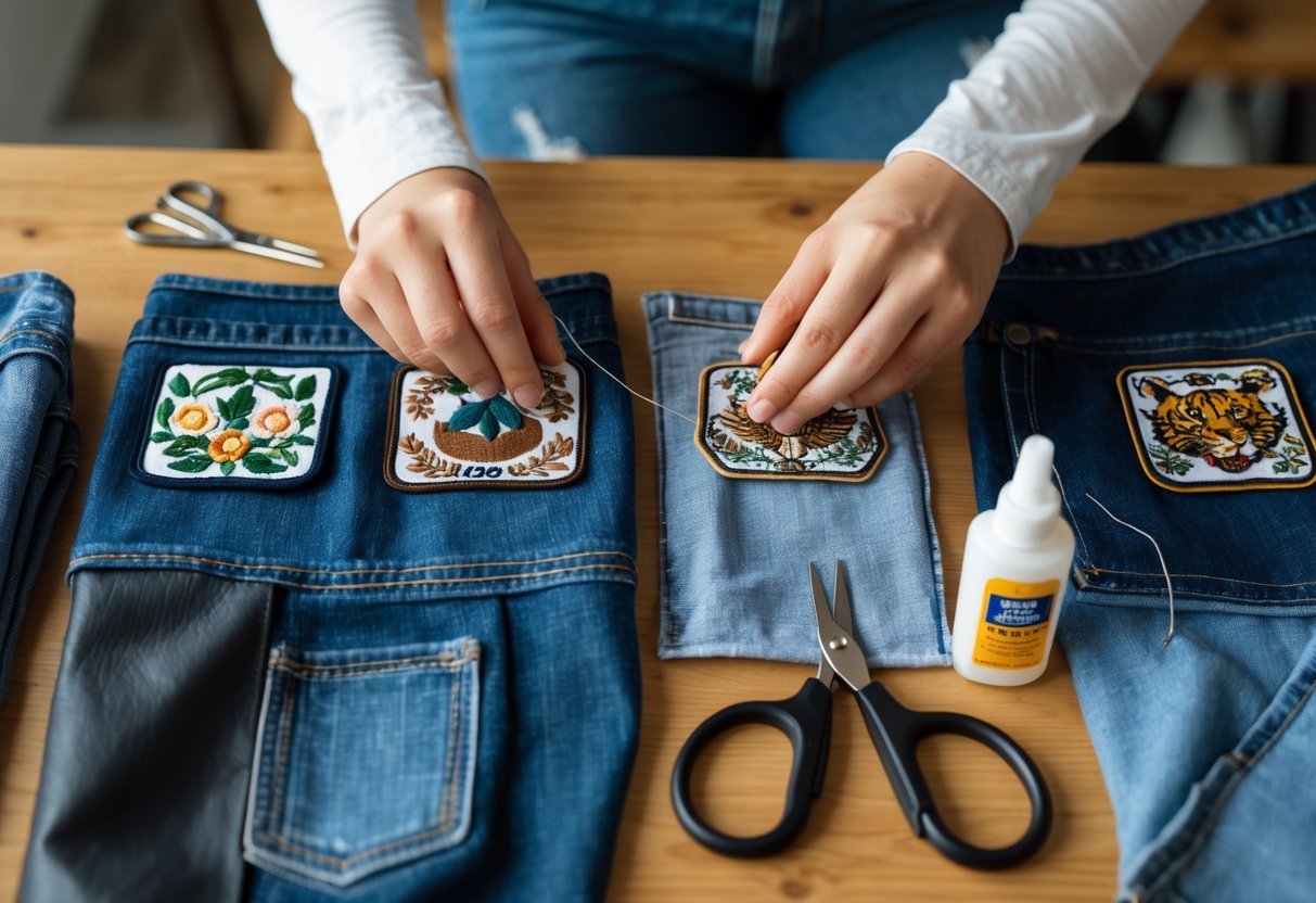 Hands attaching embroidered patches to various fabrics using sewing, ironing, glue, and safety pins on a wooden table with sewing tools.