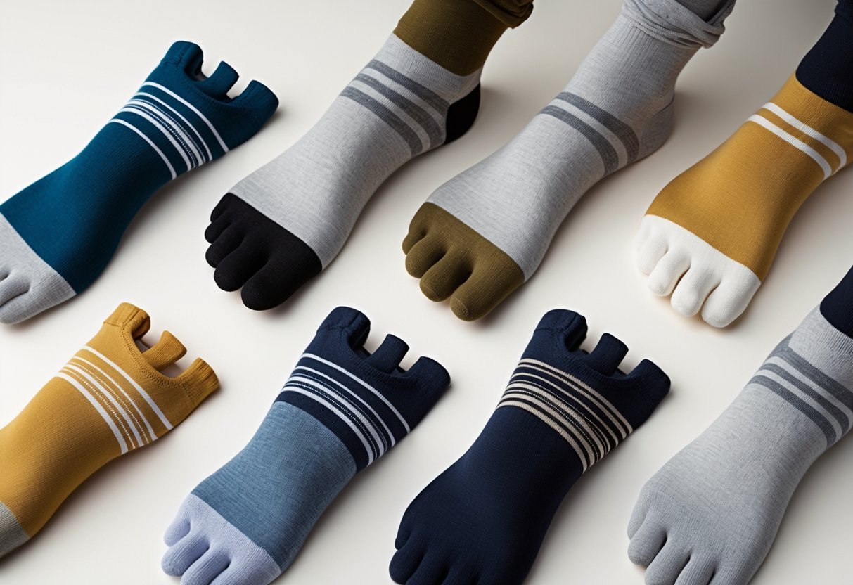 Several pairs of colorful toe socks arranged neatly on a plain background.