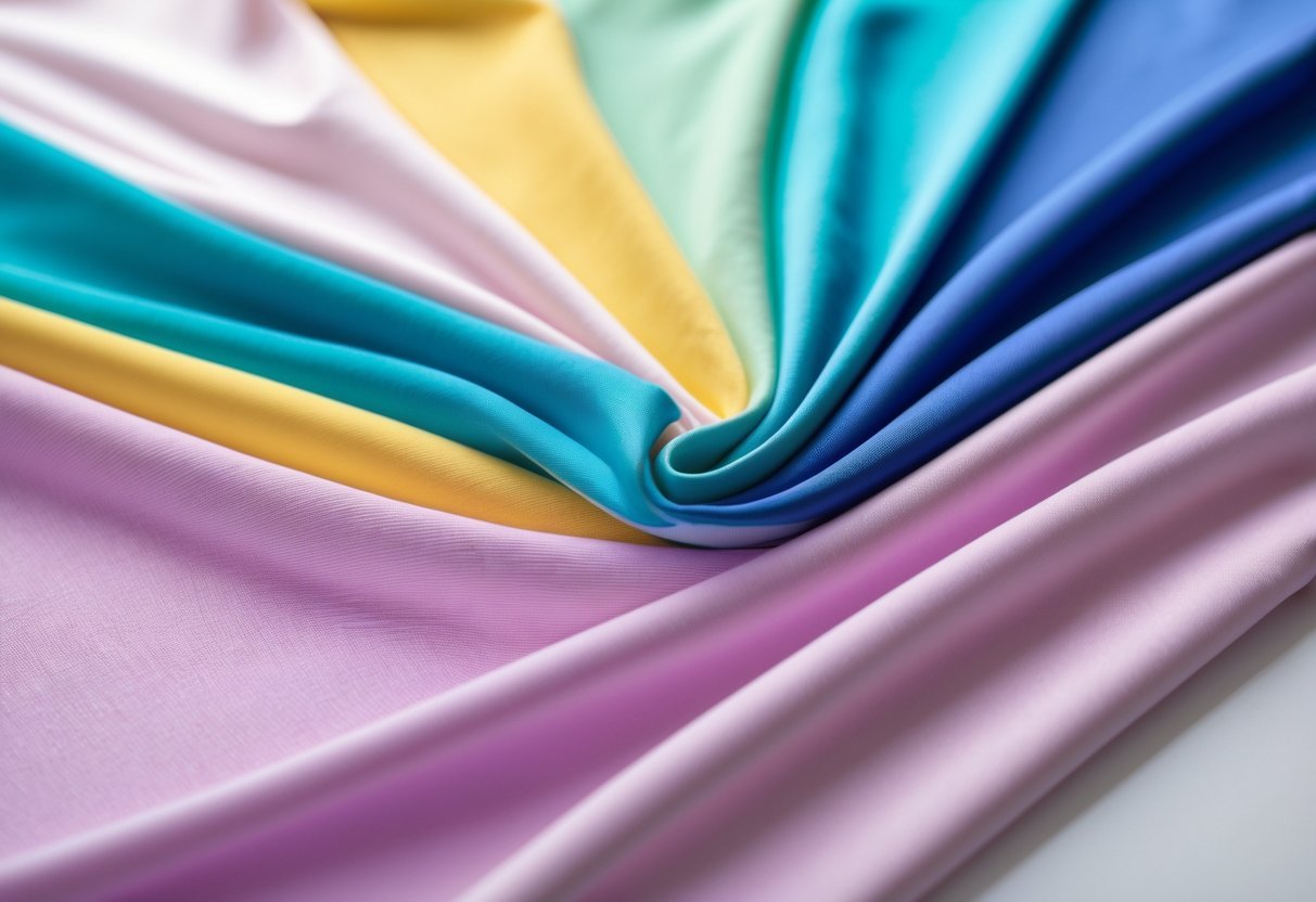 Close-up view of colorful spandex sports fabrics arranged on a white background, showing their smooth texture and stretch.