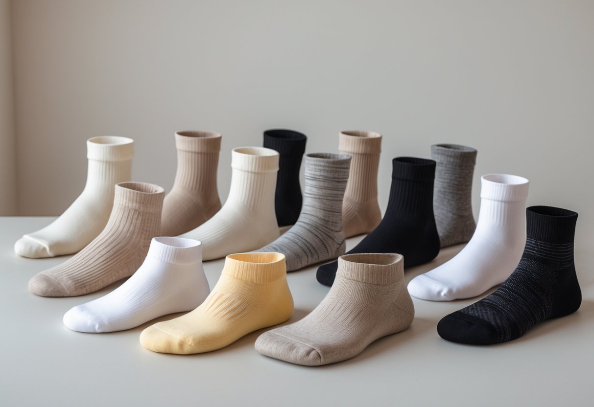 A collection of 14 different types of socks arranged on a neutral background, showing various heights and materials.