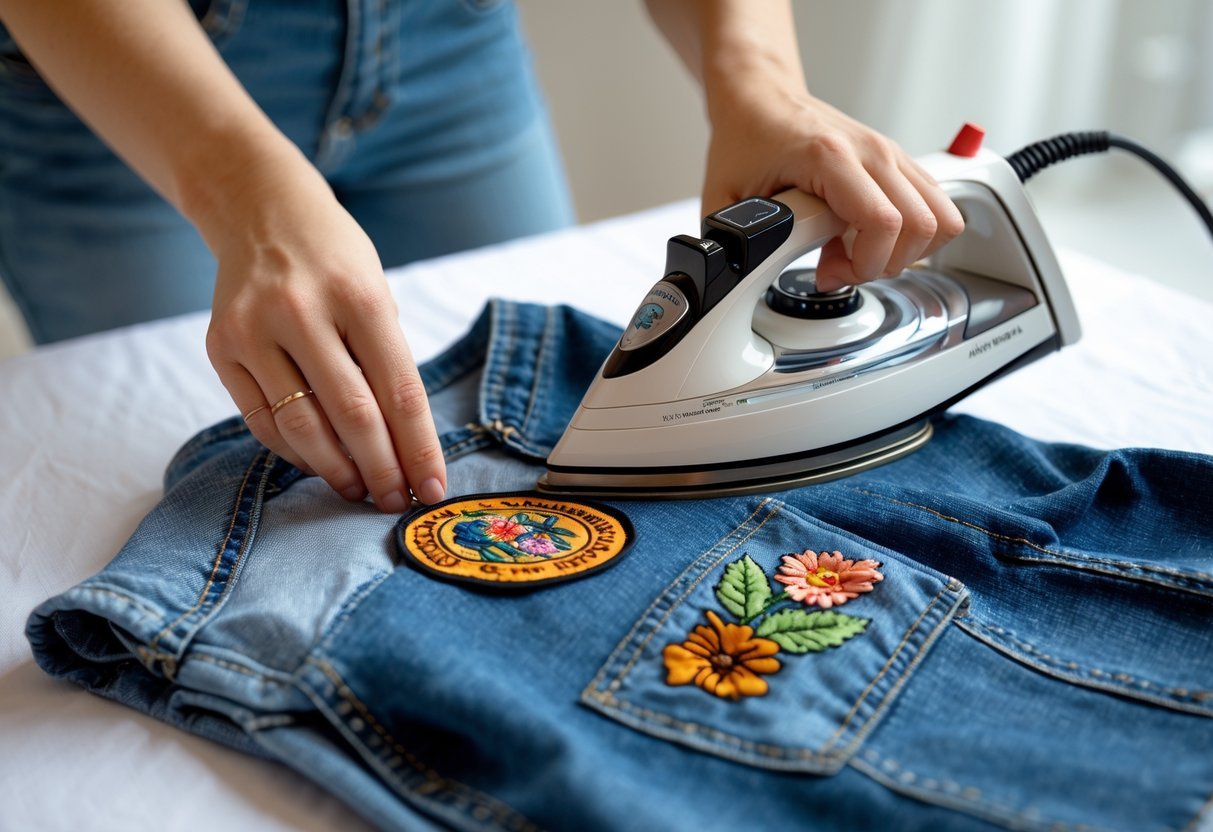 Close-up of hands applying an embroidered patch onto denim fabric using an iron.