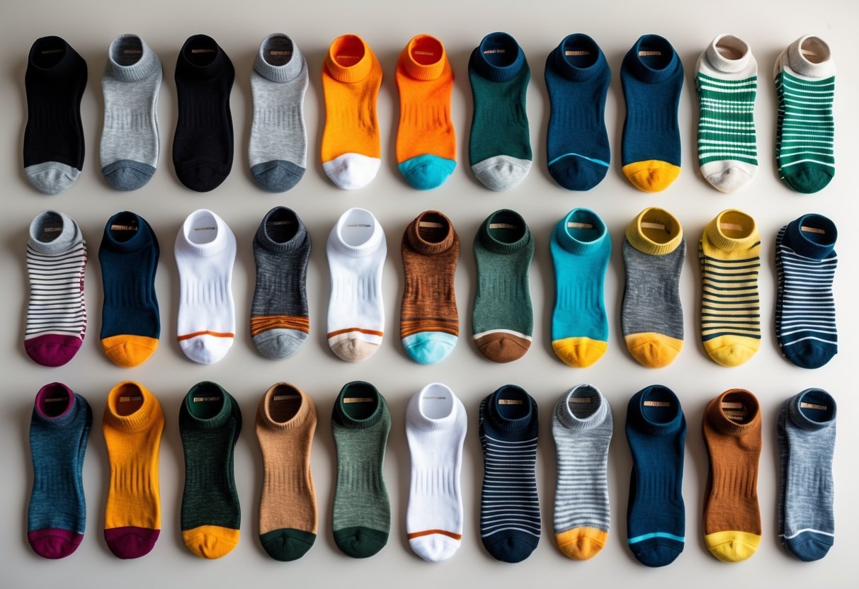 A collection of fourteen different types of socks in various heights and materials arranged neatly on a neutral background.
