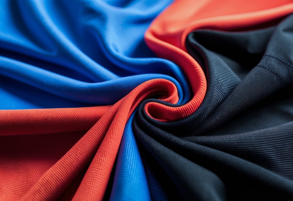 Close-up of colorful sports fabric made from polyester and spandex blend showing texture and stretch.
