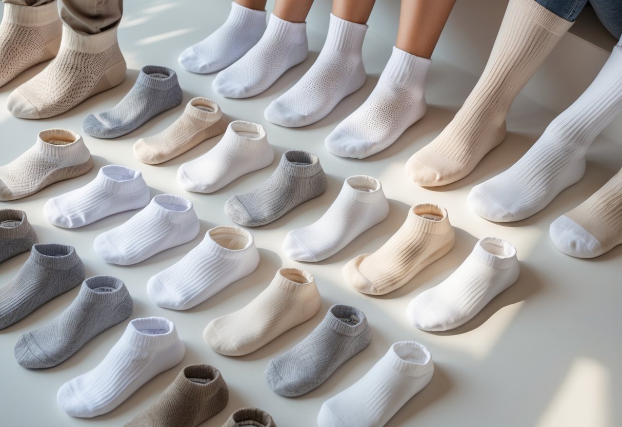 A variety of diabetic socks in different heights and materials arranged neatly on a white surface.