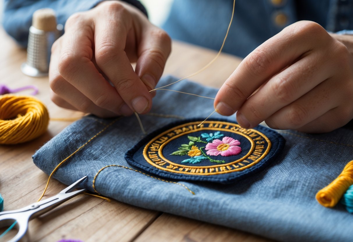 Close-up of hands sewing an embroidered patch onto fabric with needle and thread on a wooden table.